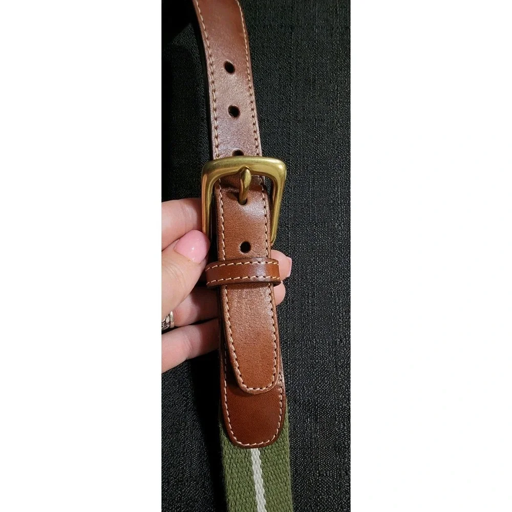 Lands End Golf Belt Mens 40‎ Olive Green Canvas Web Leather Brass Buckle Casual